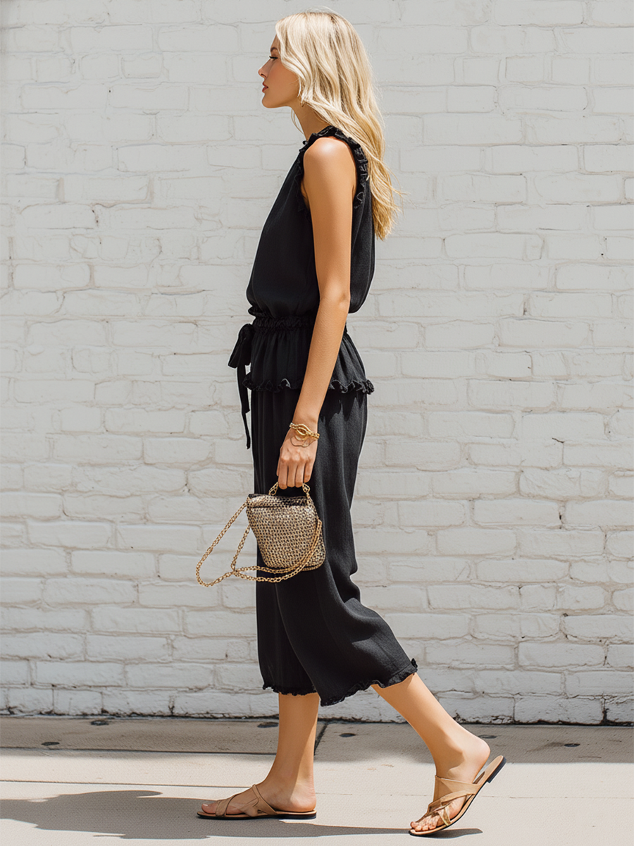 Casual Black Cotton Linen Sleeveless Top With Wavy Hem And Wide Leg Pants Set