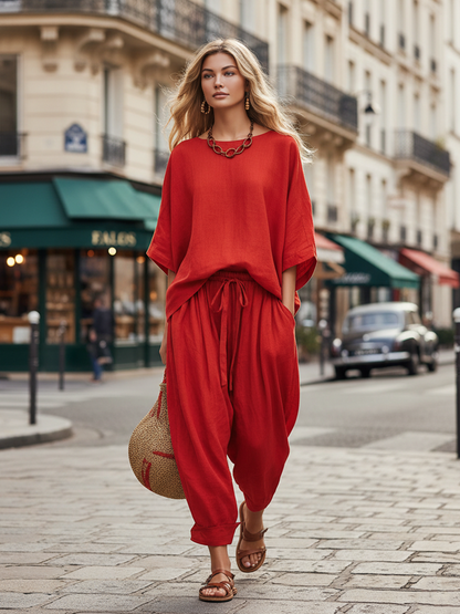 Casual Red Cotton And Linen Batwing Sleeve Top And Wide Leg Pants Set