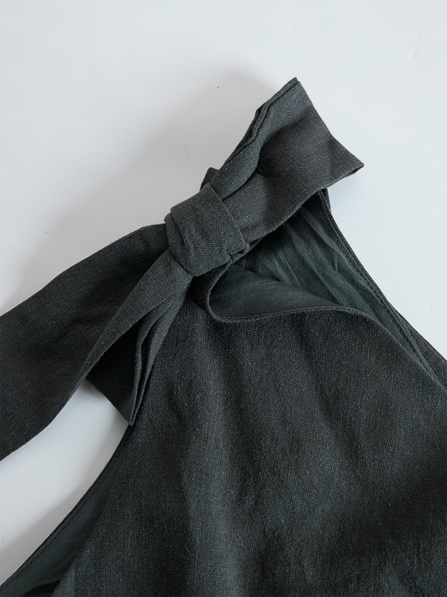 Gray Cotton And Linen Sleeveless One Shoulder Top With Tie Detail And Wide Leg Pants Set