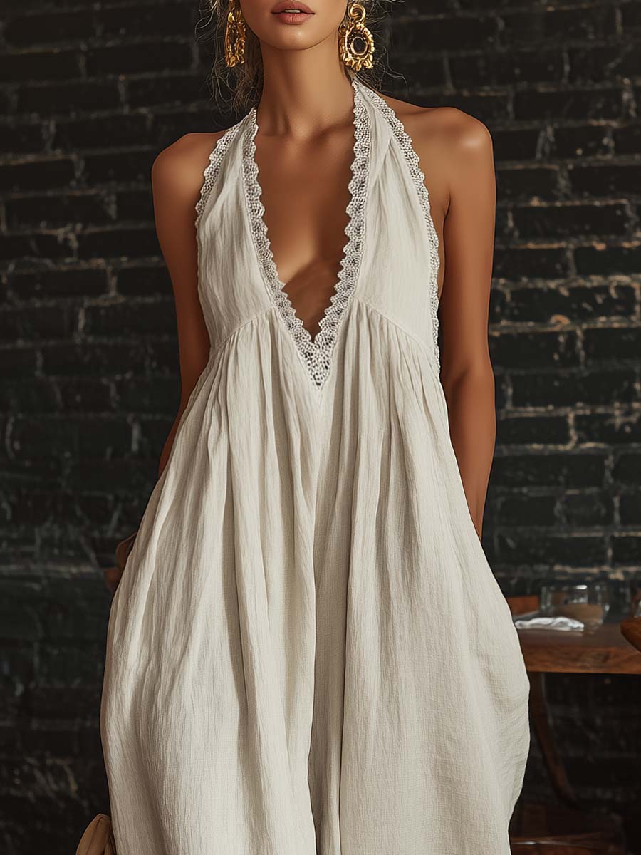 Retro Urban Bohemian V-neck Lace Trim Sleeveless Off-white Cotton Jumpsuit
