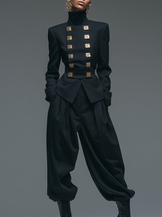 Retro Stand-up Collar Double-breasted Metal Decoration, Black X-shaped Blazer And Wide Pants Suit