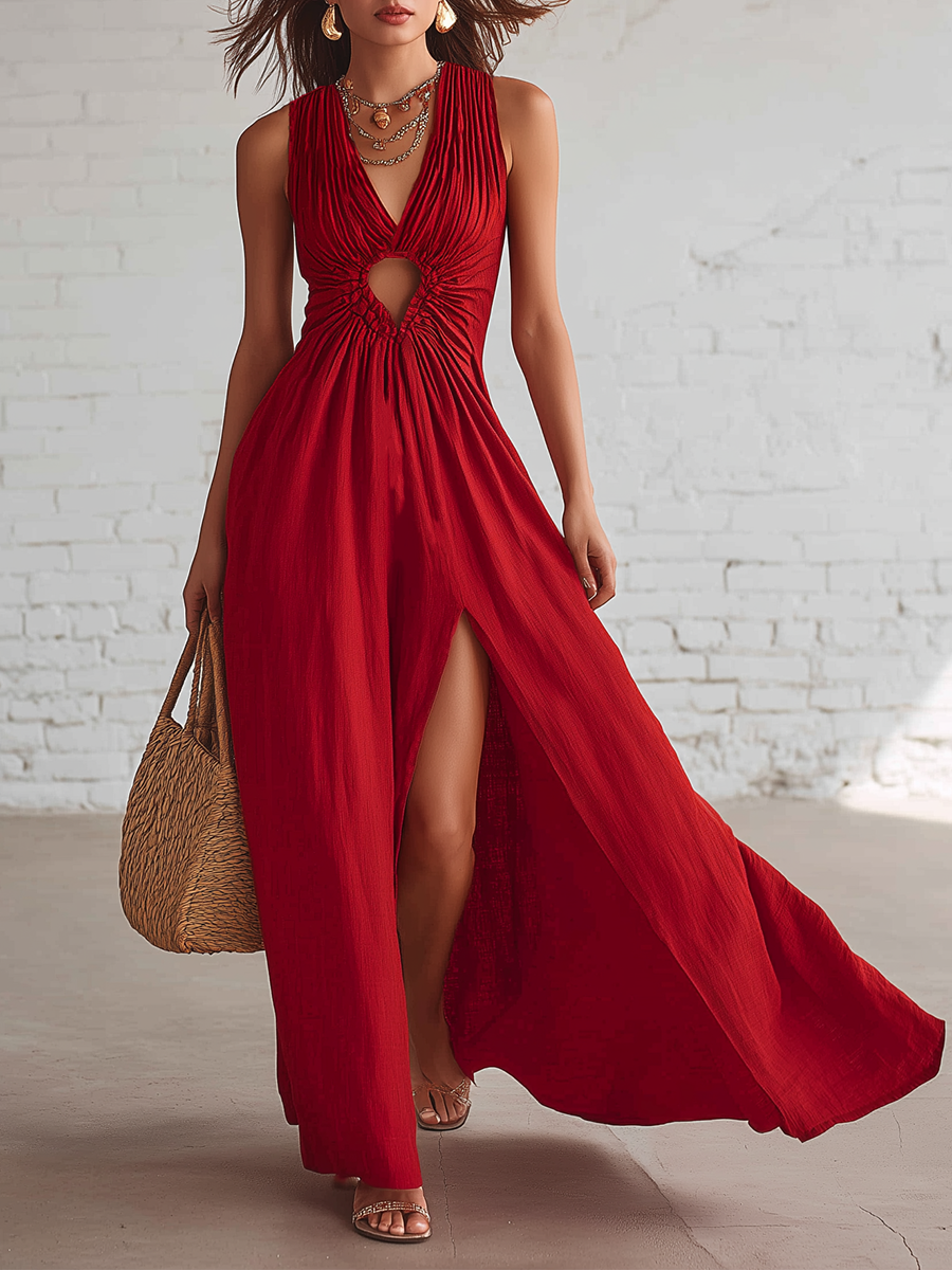 Vacation Style Red Linen Sleeveless With Side Slits Maxi Dress