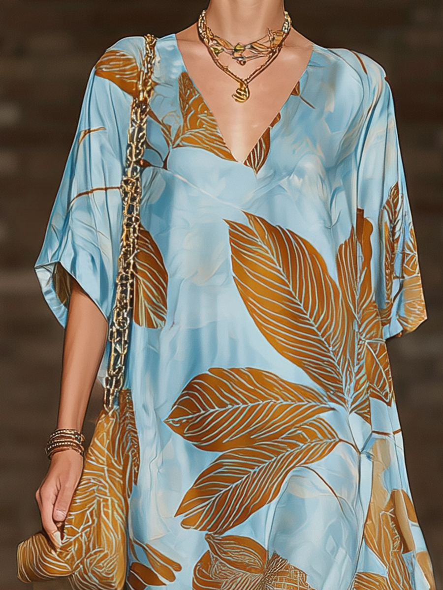 Retro-chic Loose-fitting V-neck Short-sleeved Palm Leaf Print Blue Satin Maxi Dress