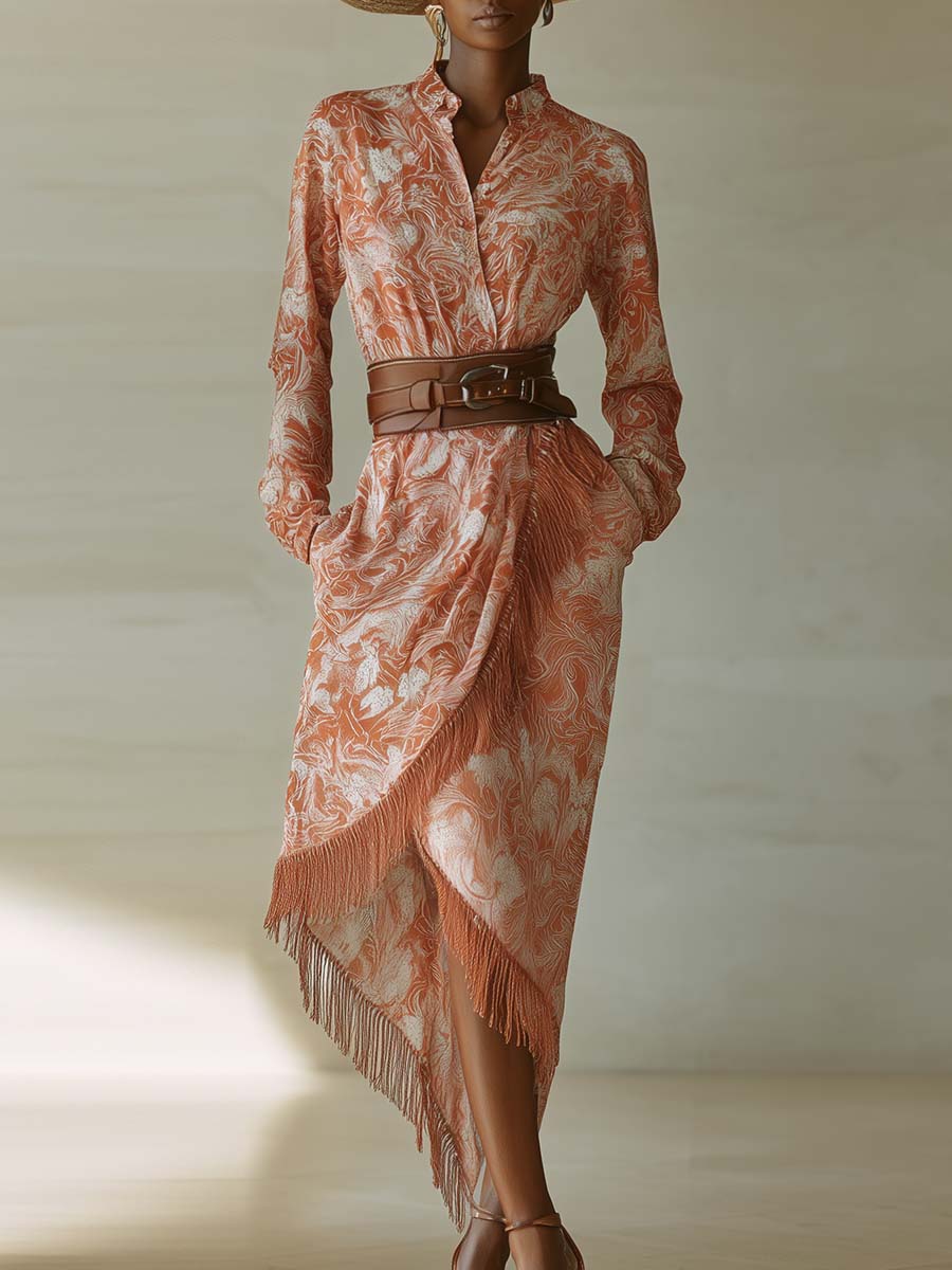 Fashionable Vacation Asymmetrical Tassel Hem Orange Printed Chiffon Maxi Dress