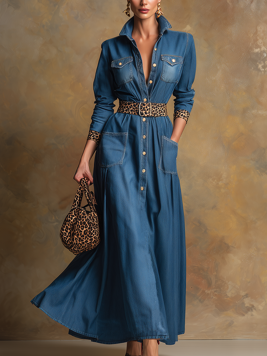 Retro Casual Elegant Blue Denim Collared Button Leopard Print Midi Dress