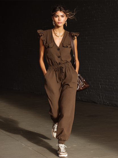 Casual Brown Knitted With Ruffled Details And Drawstring Waist  Jumpsuit