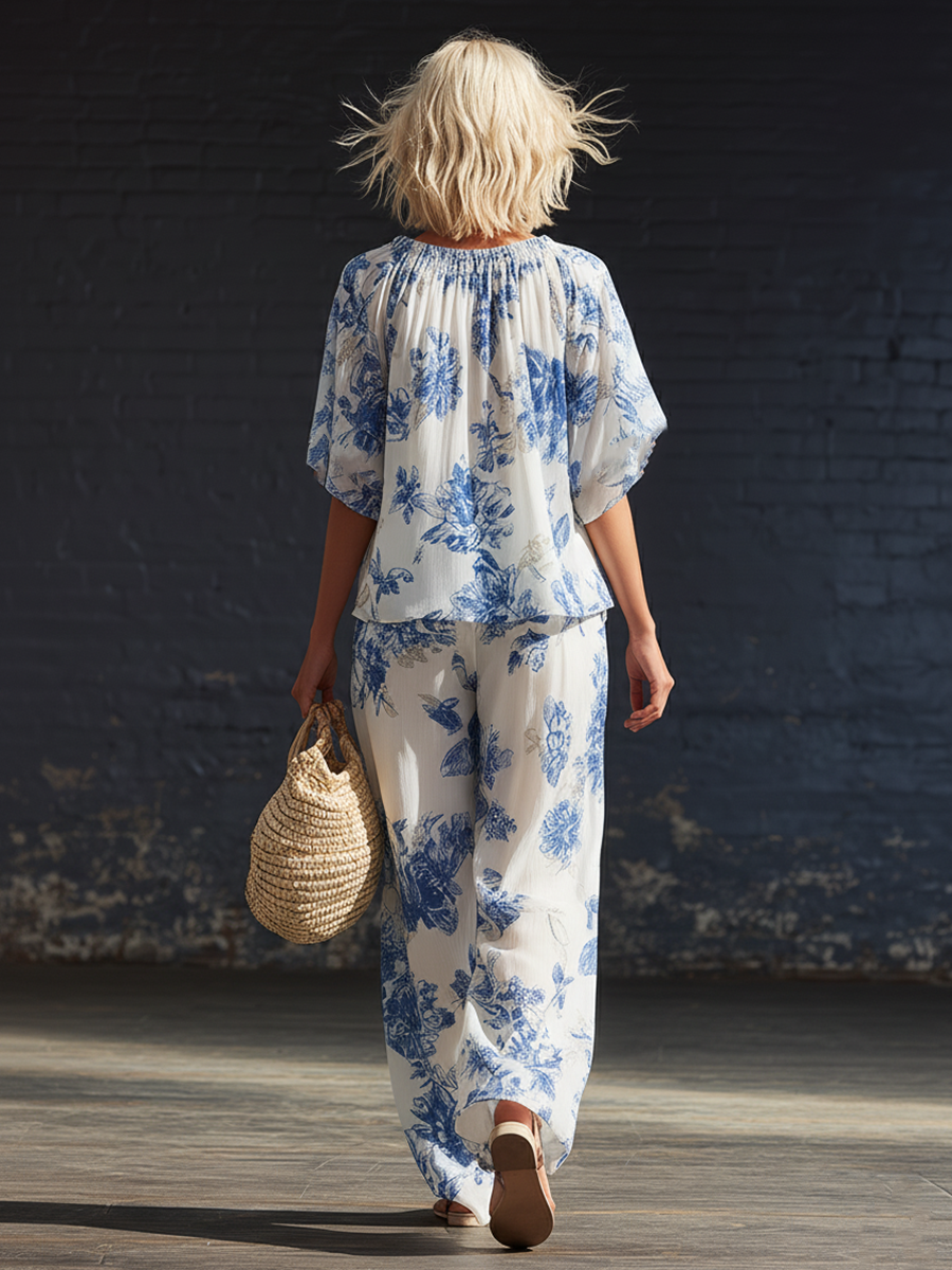 Casual White Chiffon Printed Short Sleeved Top And Wide Leg Pants Set