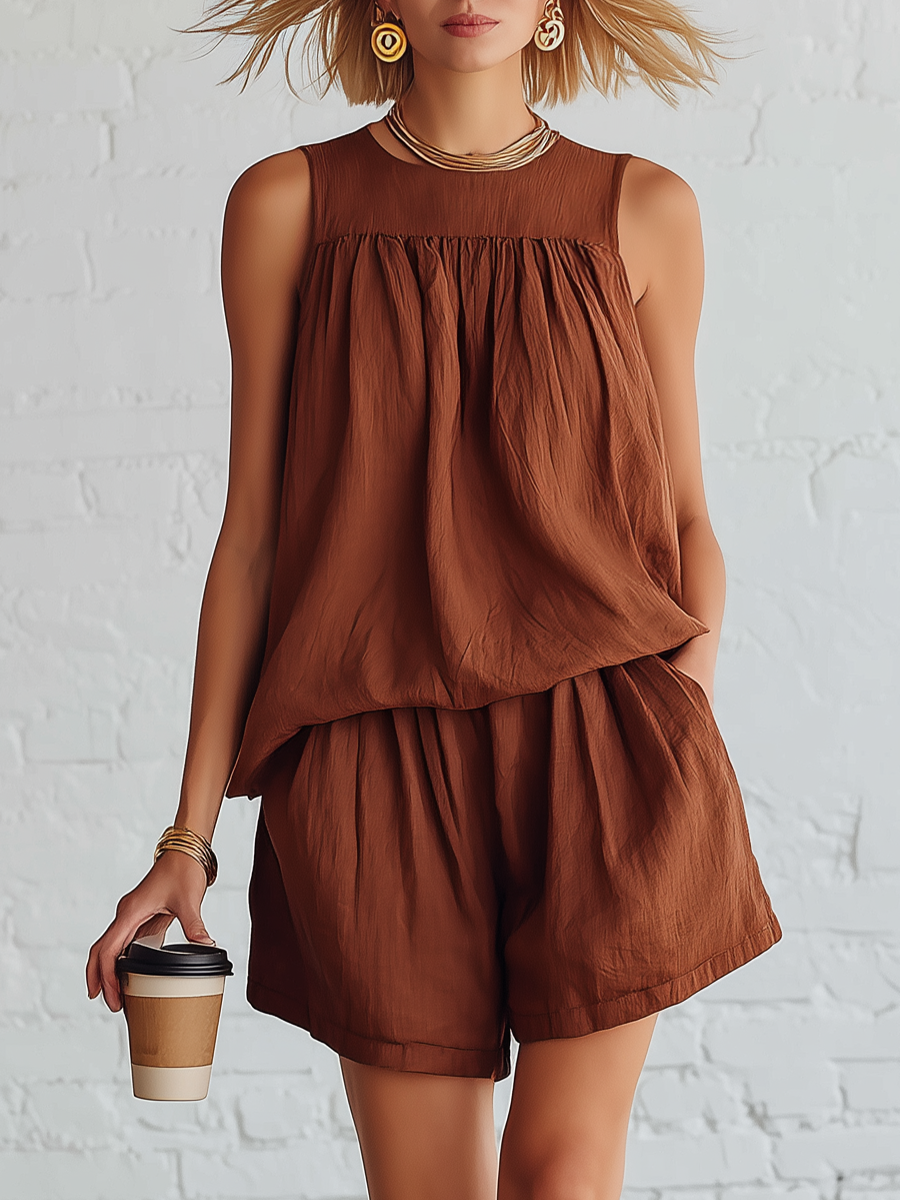 Retro Brown Cotton Linen Sleeveless Top And Wide Leg Shorts Set