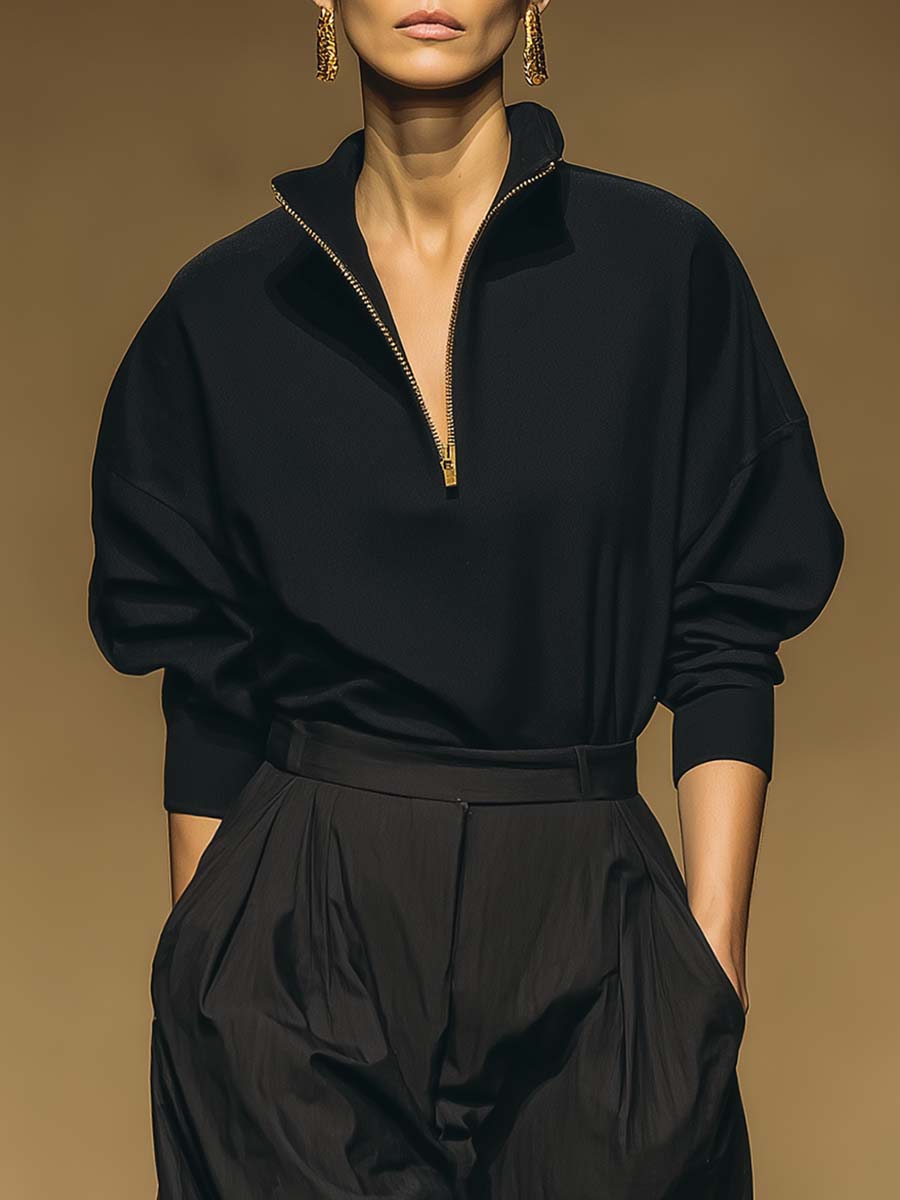 Basic All-match Urban Ultra-high-quality Black Cotton Stand-up Collar Front Zipper Sweatshirt