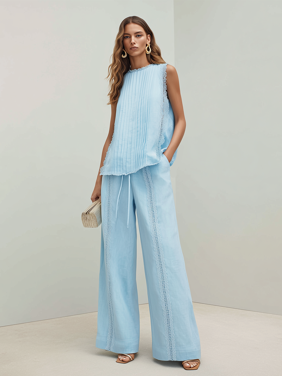 Casual And Comfortable Blue Cotton Blend Sleeveless Pleated Top And Wide Leg Flared Pants Set