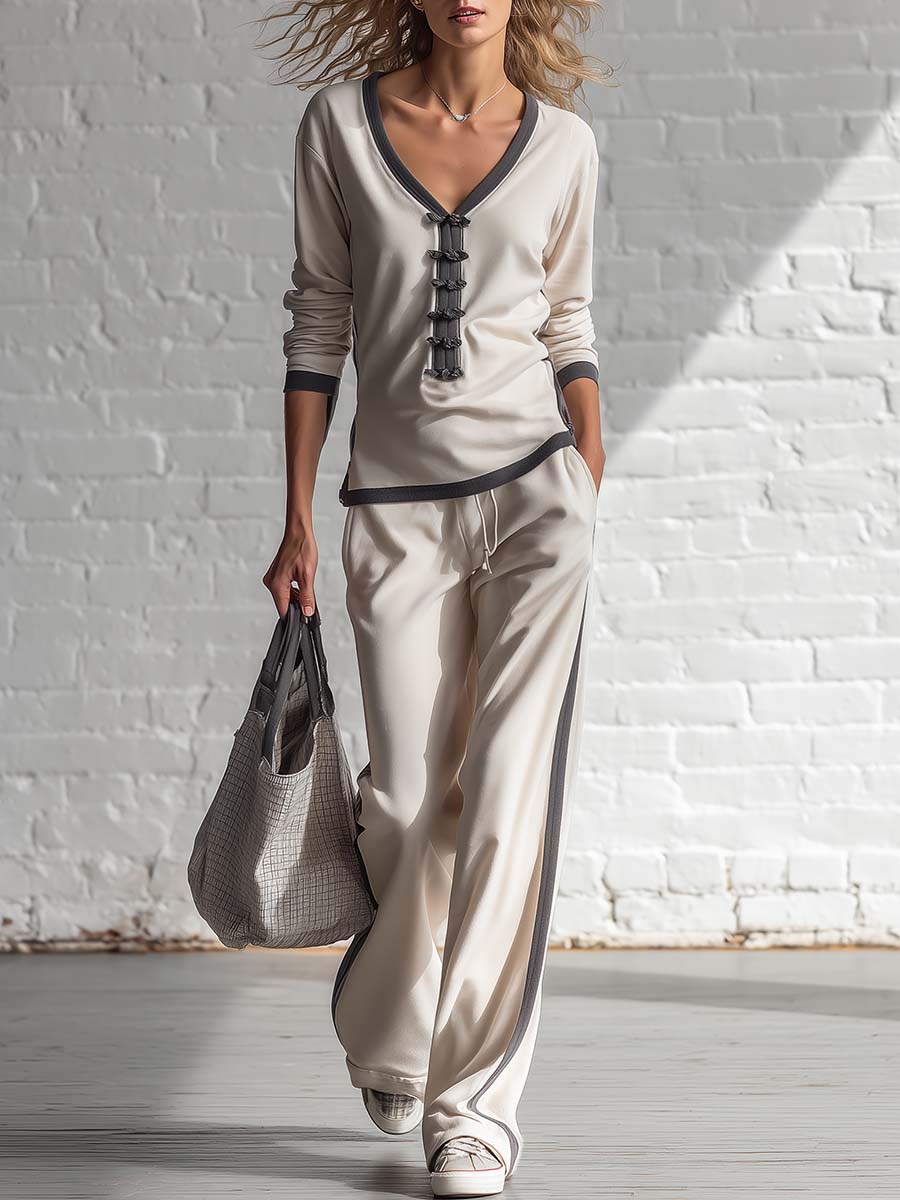 Quiet Luxury Active V-neck Frog Button Closure Gray Trim Off-white Cotton Top And Pants Set