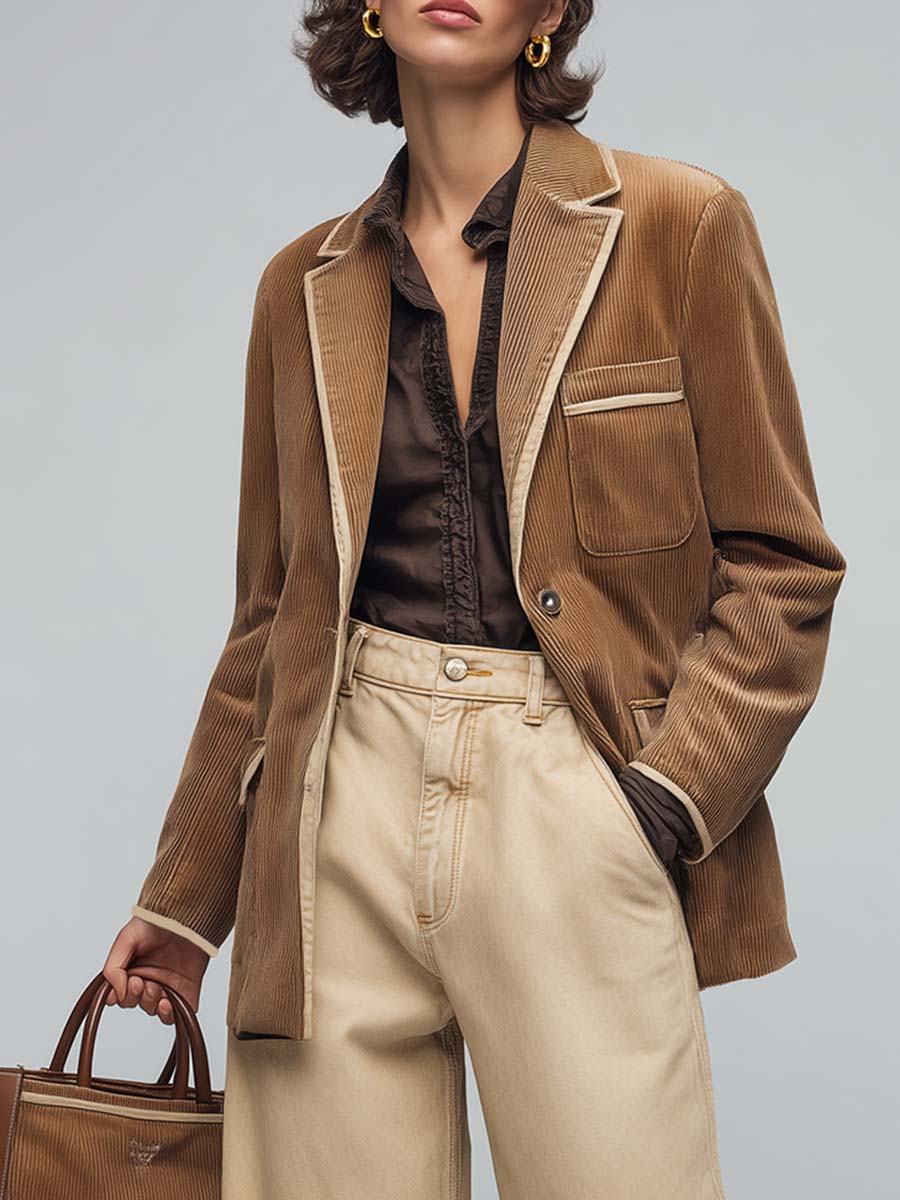 Retro Fashion Brown Corduroy Lapel Blazers