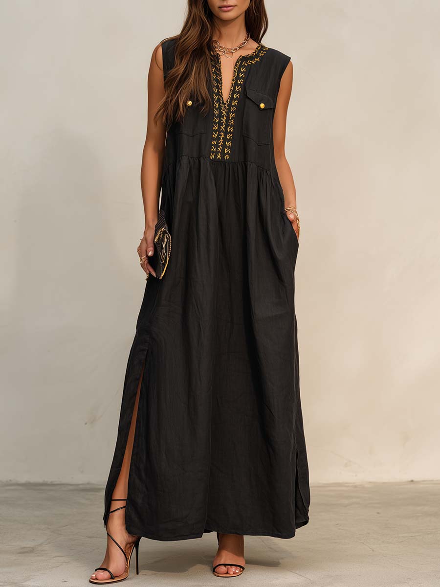Exquisite Casual Loose Fit Gold Embroidered V-neck Sleeveless Black Cotton Linen Maxi Dress