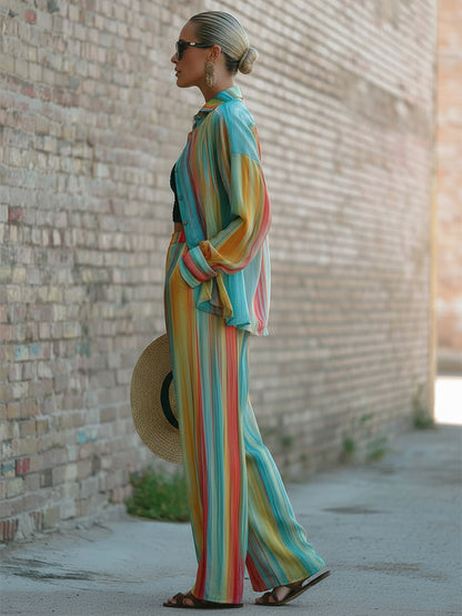 Retro Casual Loose Rainbow Striped Print Chiffon Shirt And Pants Set