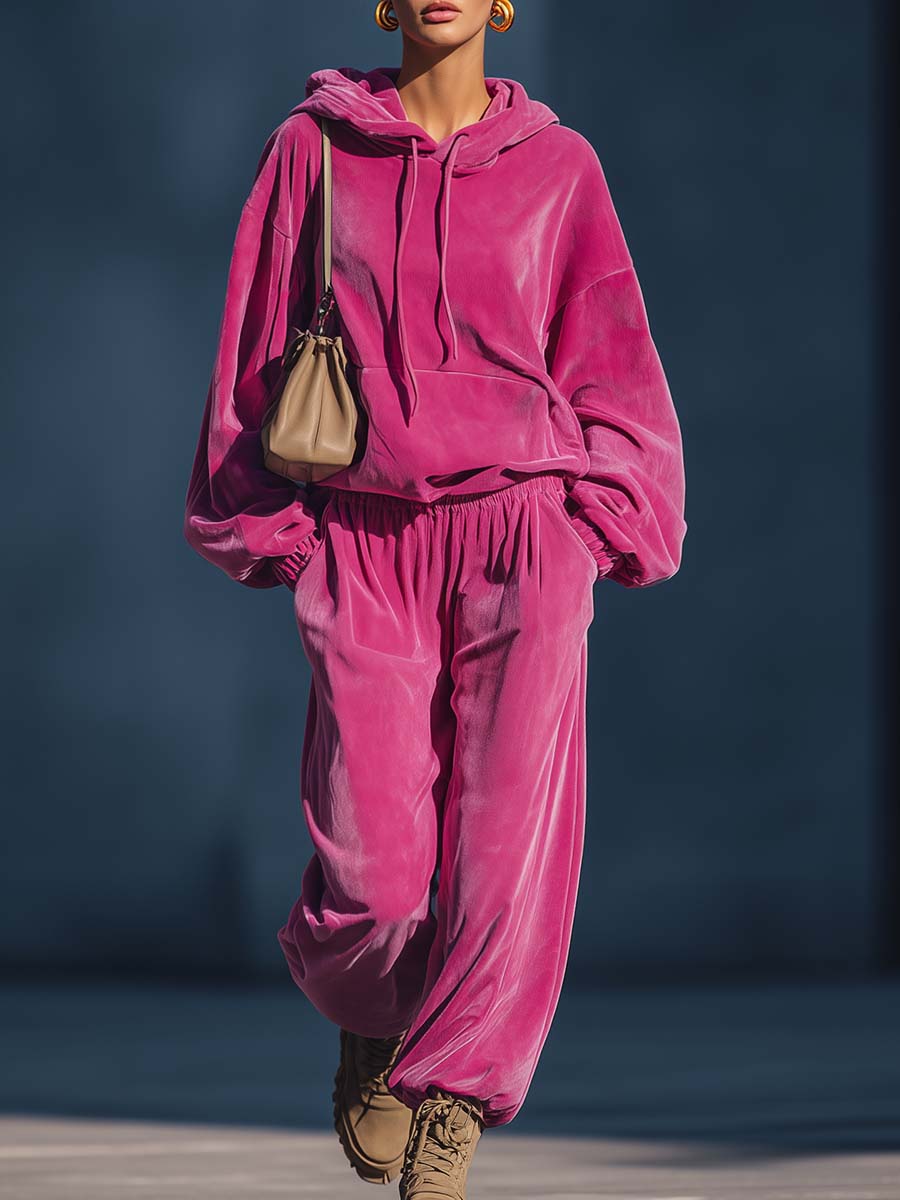 Casual Fashion Street Pink Velvet Hoodie And Pants Set