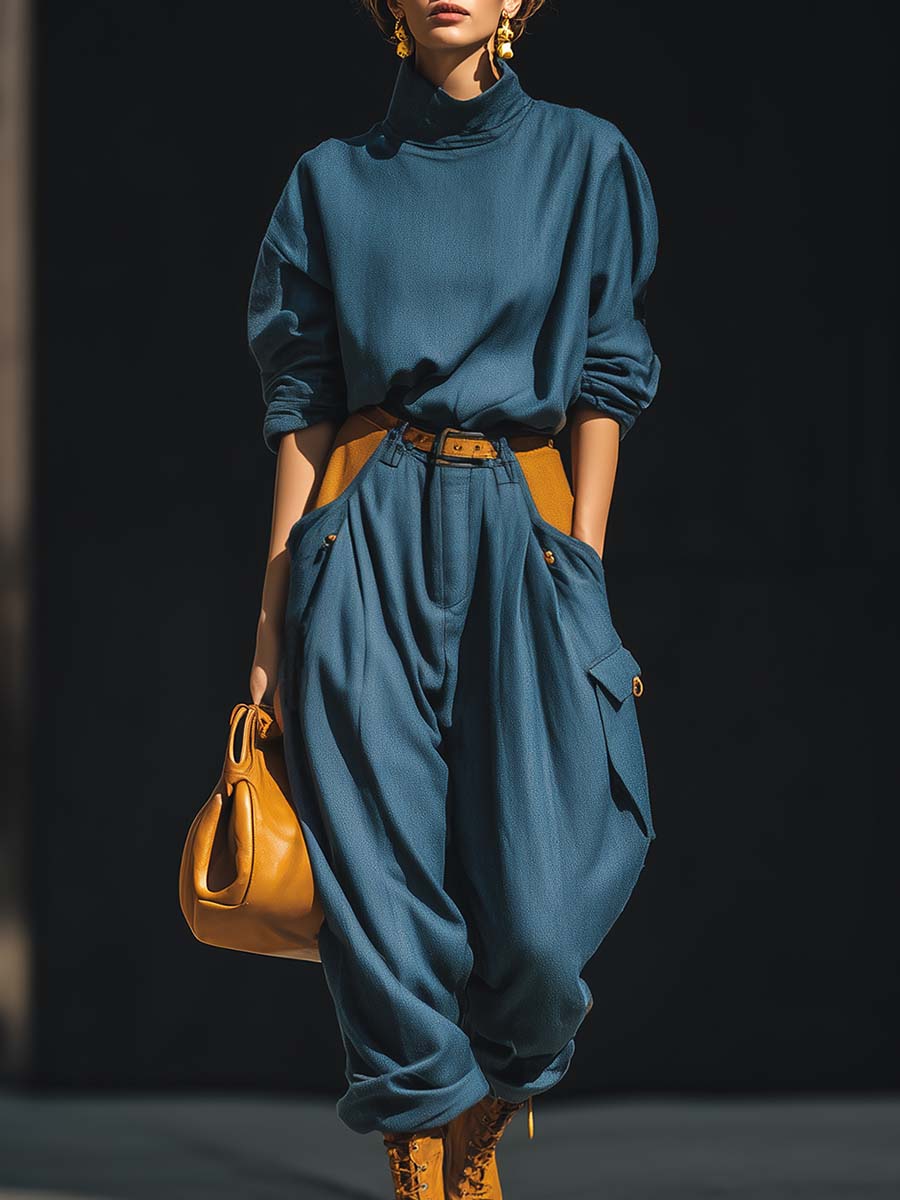 Retro Casual Loose Blue Stand-up Collar Top And Contrast Wide Pants Set