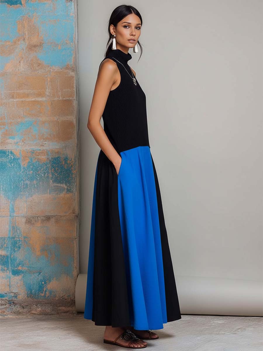 Elegant Urban Sleeveless Blue And Black Color-blocked Cotton And Knit Patchwork Maxi Dress
