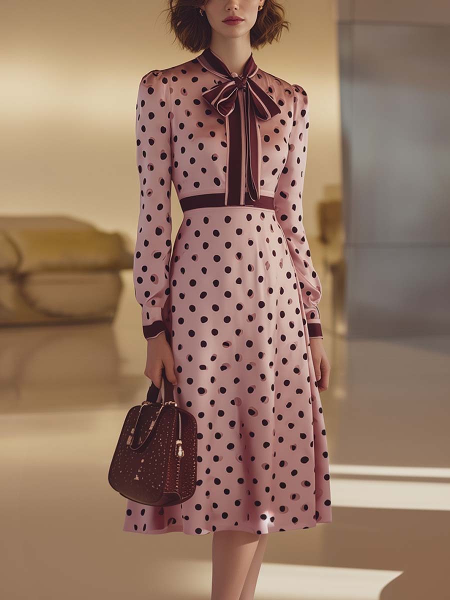 Elegant Retro Pink Satin Polka Dot Print Tie-neck Long-sleeved Midi Dress