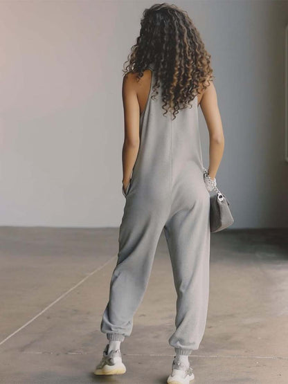 Retro Casual Sporty Hooded Front-zip Sleeveless Gray Cotton Jumpsuit