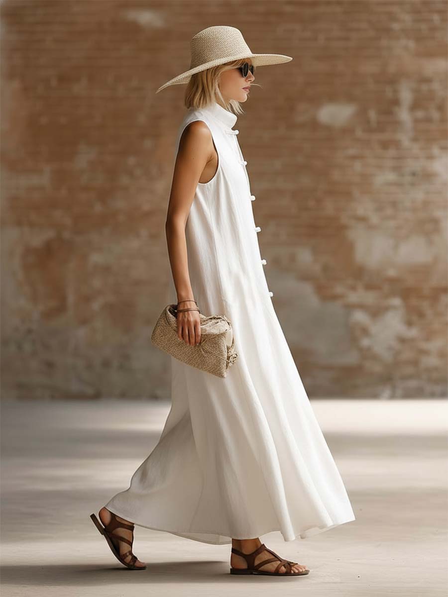 Retro Casual Urban Front-opening Button White Cotton Linen Maxi Dress