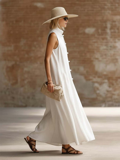 Retro Casual Urban Front-opening Button White Cotton Linen Maxi Dress