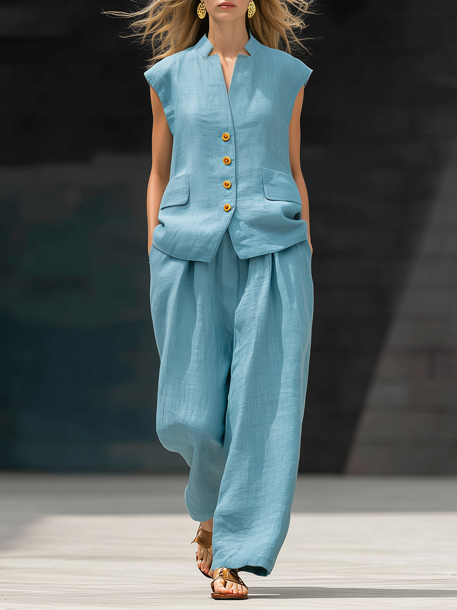 Casual Blue Cotton Linen Sleeveless Top And Wide Leg Pants Set