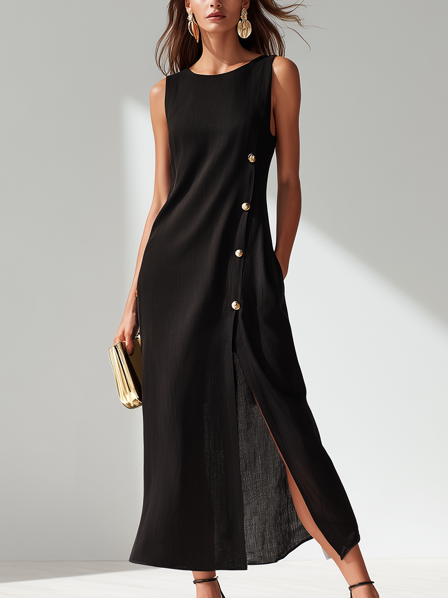 Casual Vintage Black Sleeveless In A Cotton Linen Blend With Side Slits And Metal Buttons Midi Dress