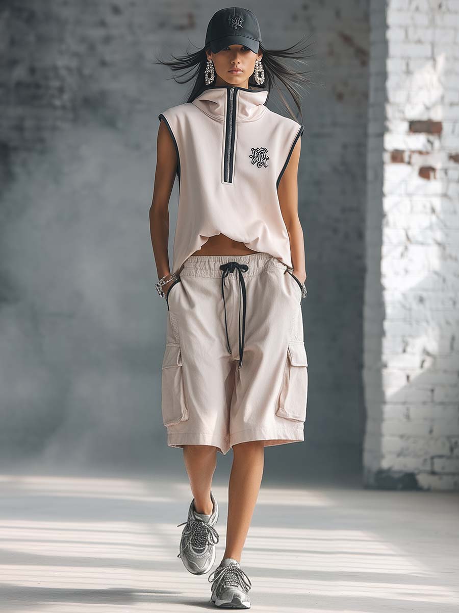 Retro Athletic Workwear Styl Black Trim Light Pink Cotton Sleeveless Turtleneck Top And Shorts Set