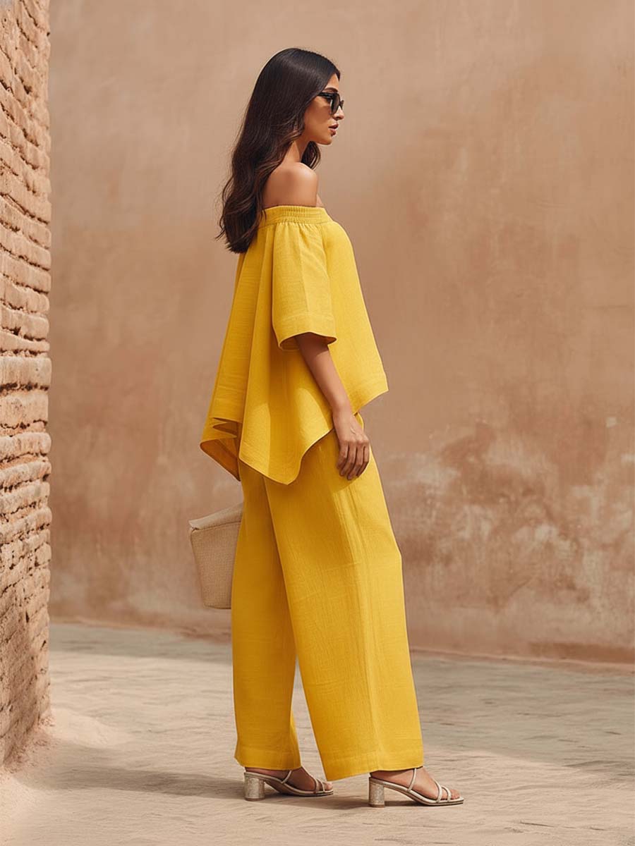 Casual Urban Off-shoulder Short-sleeved Yellow Cotton And Linen Top And Pants Set