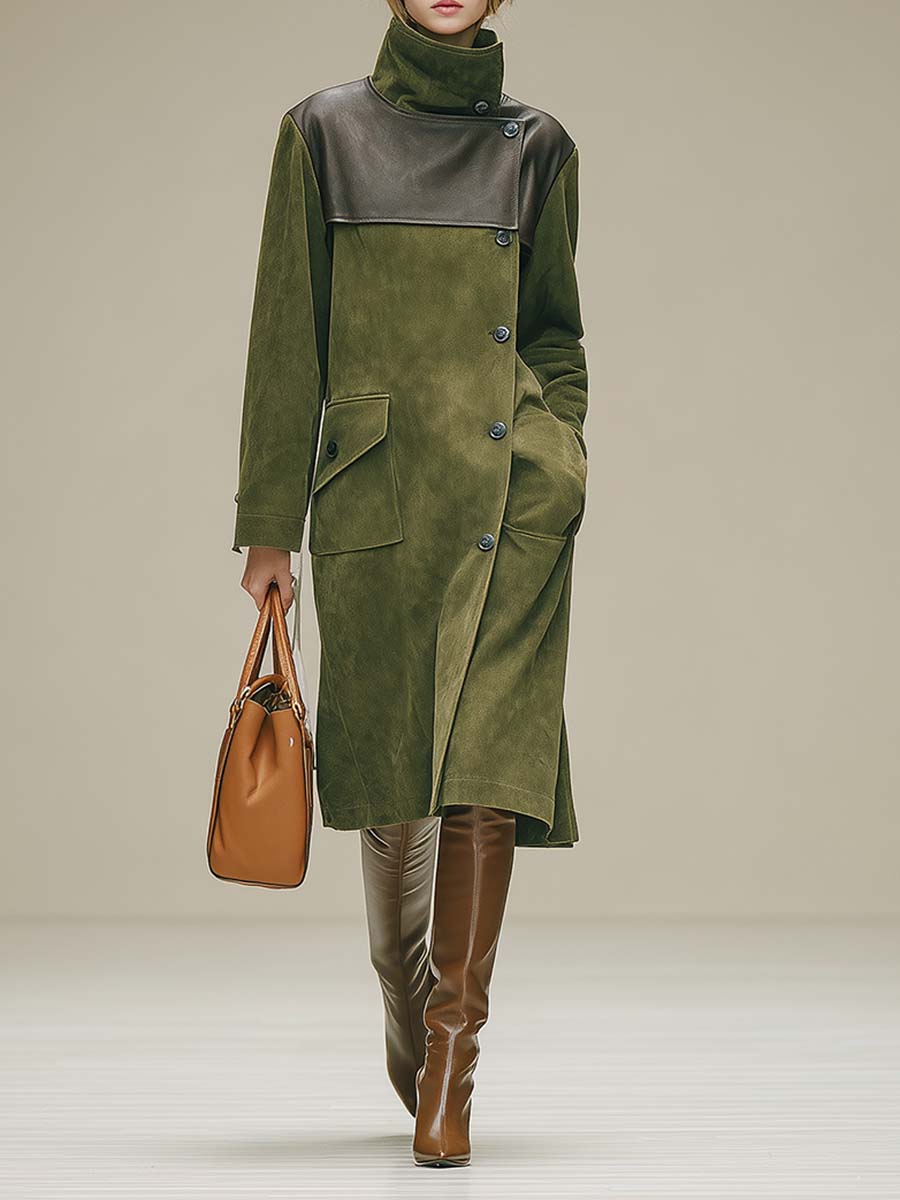 Retro Fashion Green Faux Suede Midi Dress