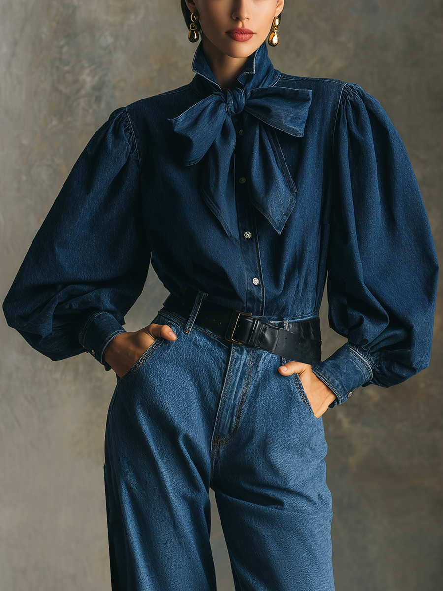 Retro Classic Handsome Blue Denim Bow Shirt