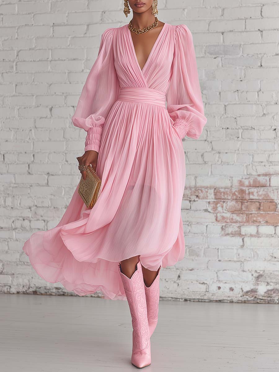Retro Flowy Fashion V-neck Lantern-sleeved Light Pink Chiffon Midi Dress