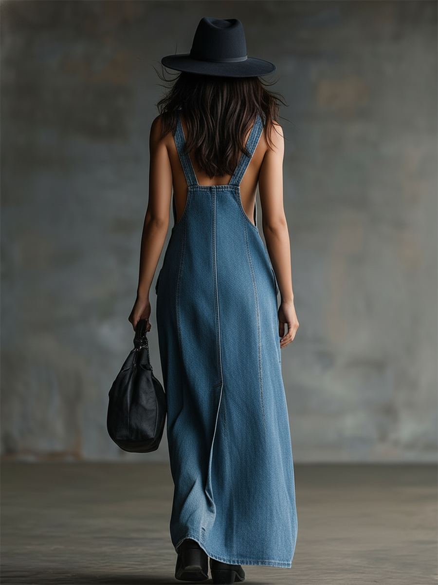 Vintage-style Loose-fitting Adjustable Shoulder Straps Front Button Closure Side Slit Pockets Blue Denim Dress