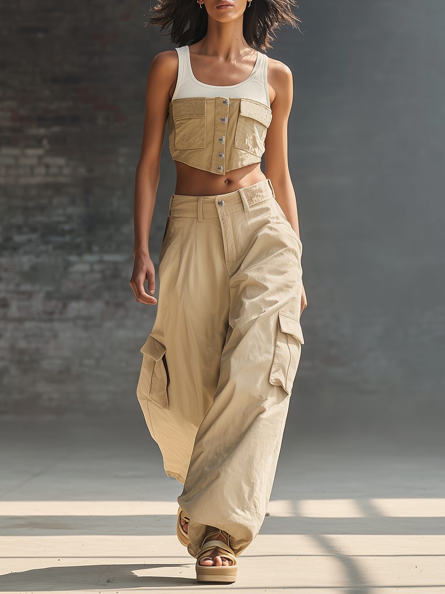 Retro-style Loose-fitting Sleeveless Patchwork Front Buttons Pockets Crop Top And Wide-leg Cargo Pants Faux Denim Set