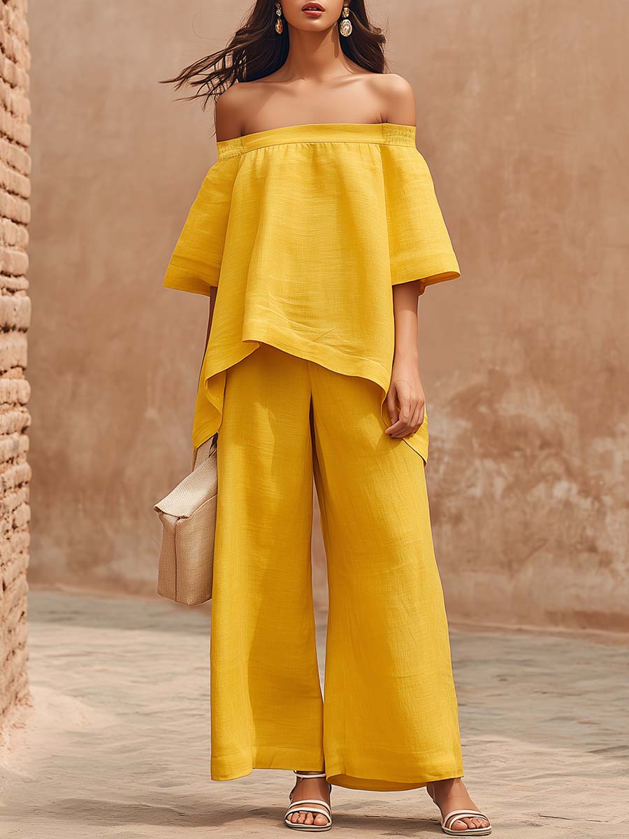 Casual Urban Off-shoulder Short-sleeved Yellow Cotton And Linen Top And Pants Set