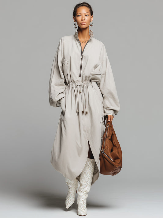 Exquisite Casual Stand-up Collar Front Zipper Waist Drawstring White Cotton Trench Coat Slit Maxi Dress