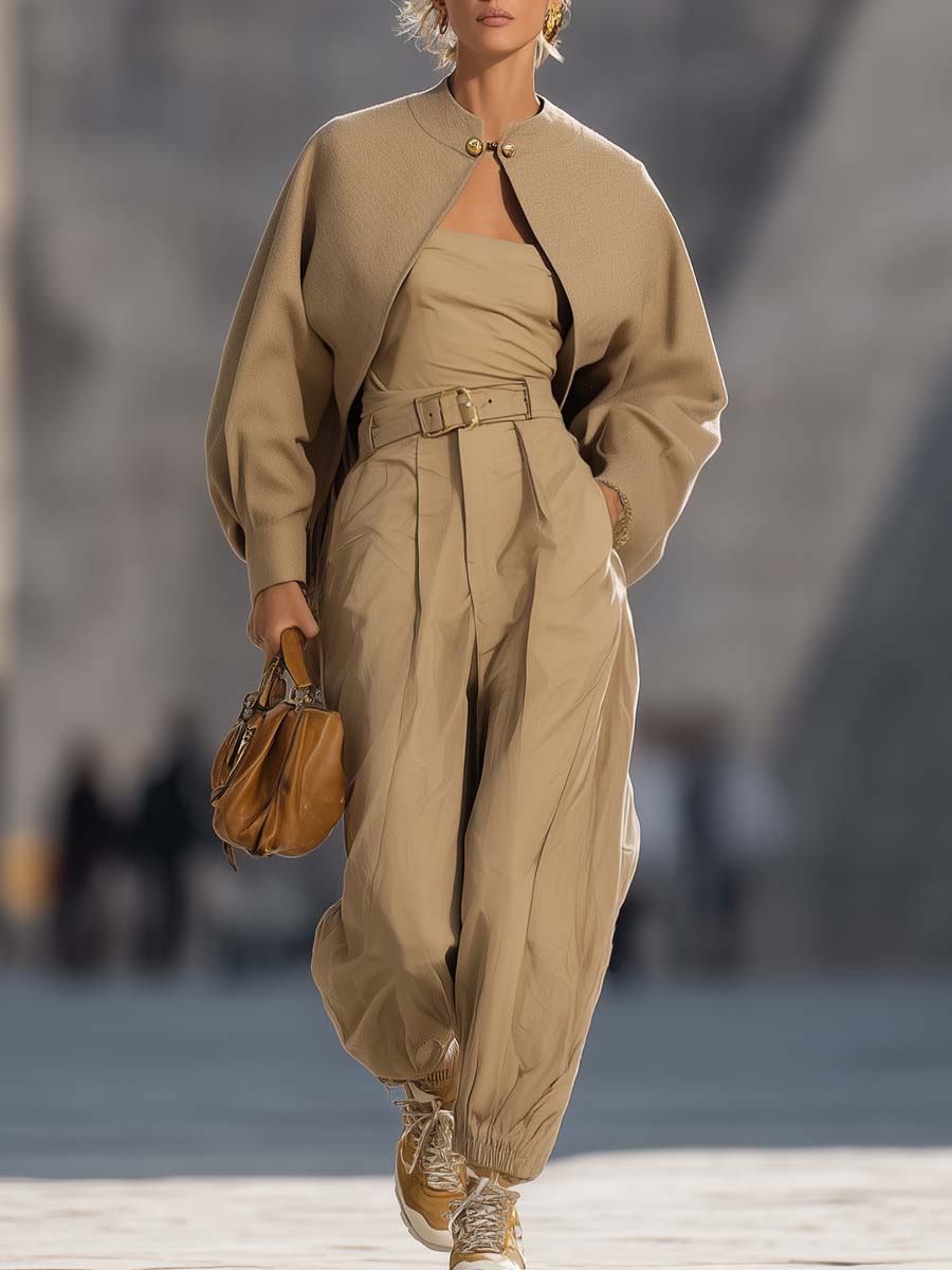 Temperament Urban Khaki Bat-sleeve Front-opening Small Jacket And Off-shoulder Belt Jumpsuit Set