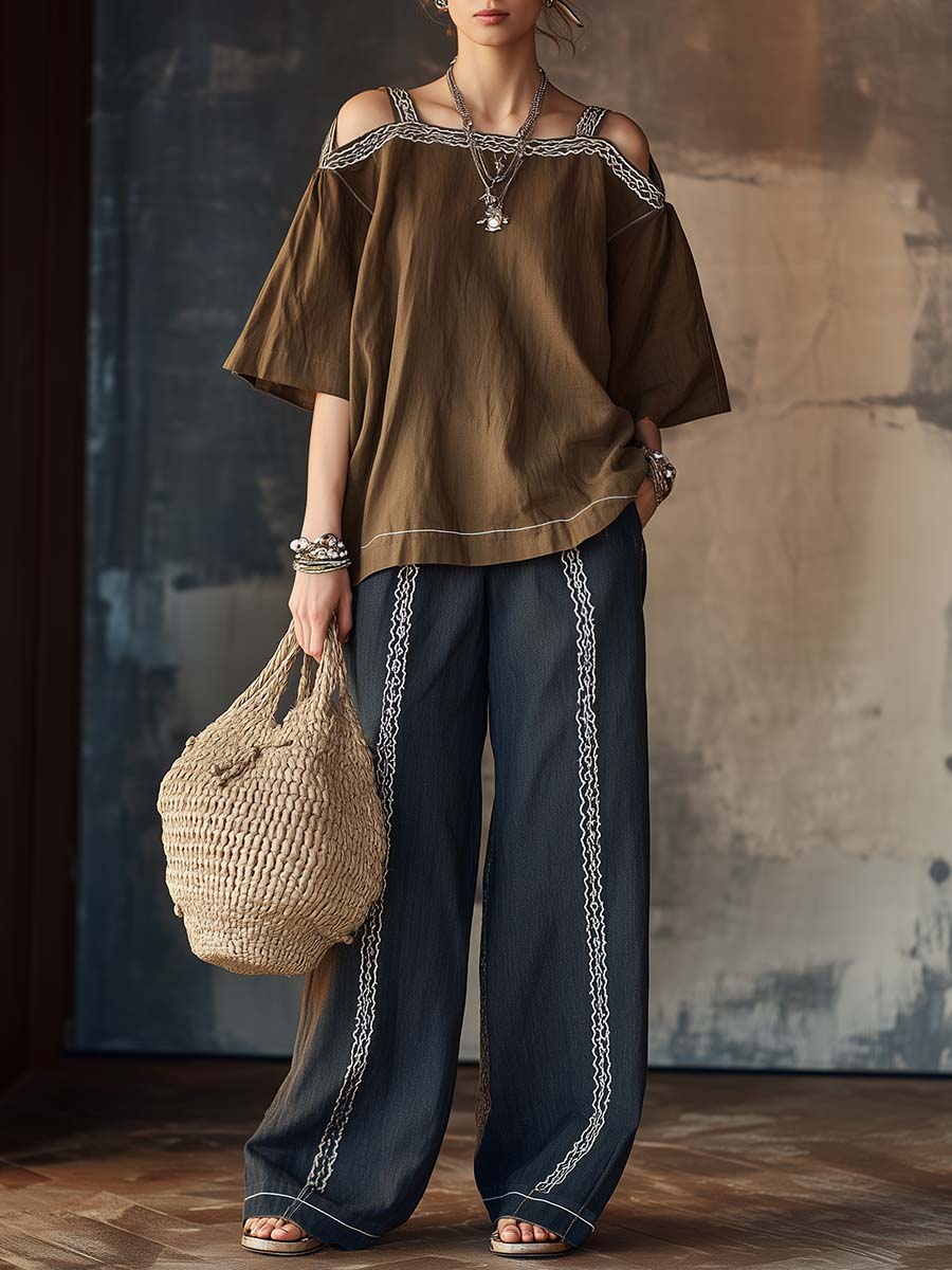 Retro Casual Lace-trimmed Camisole Off-shoulder Cotton Linen Brown Top And Dark Blue Pants Set