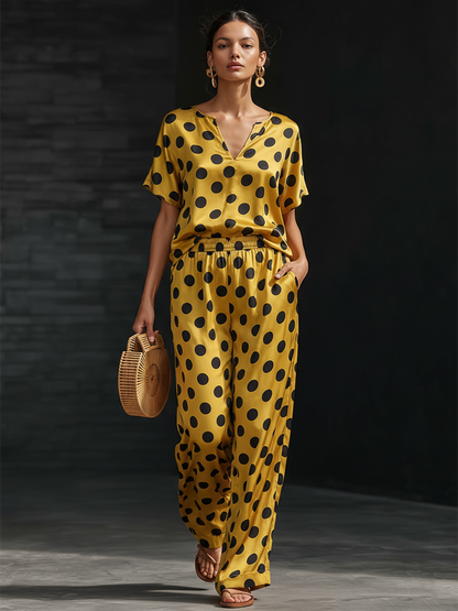 Retro Yellow Satin Satin Black Polka Dot Short sleeved Top And Wide Leg Pants Set