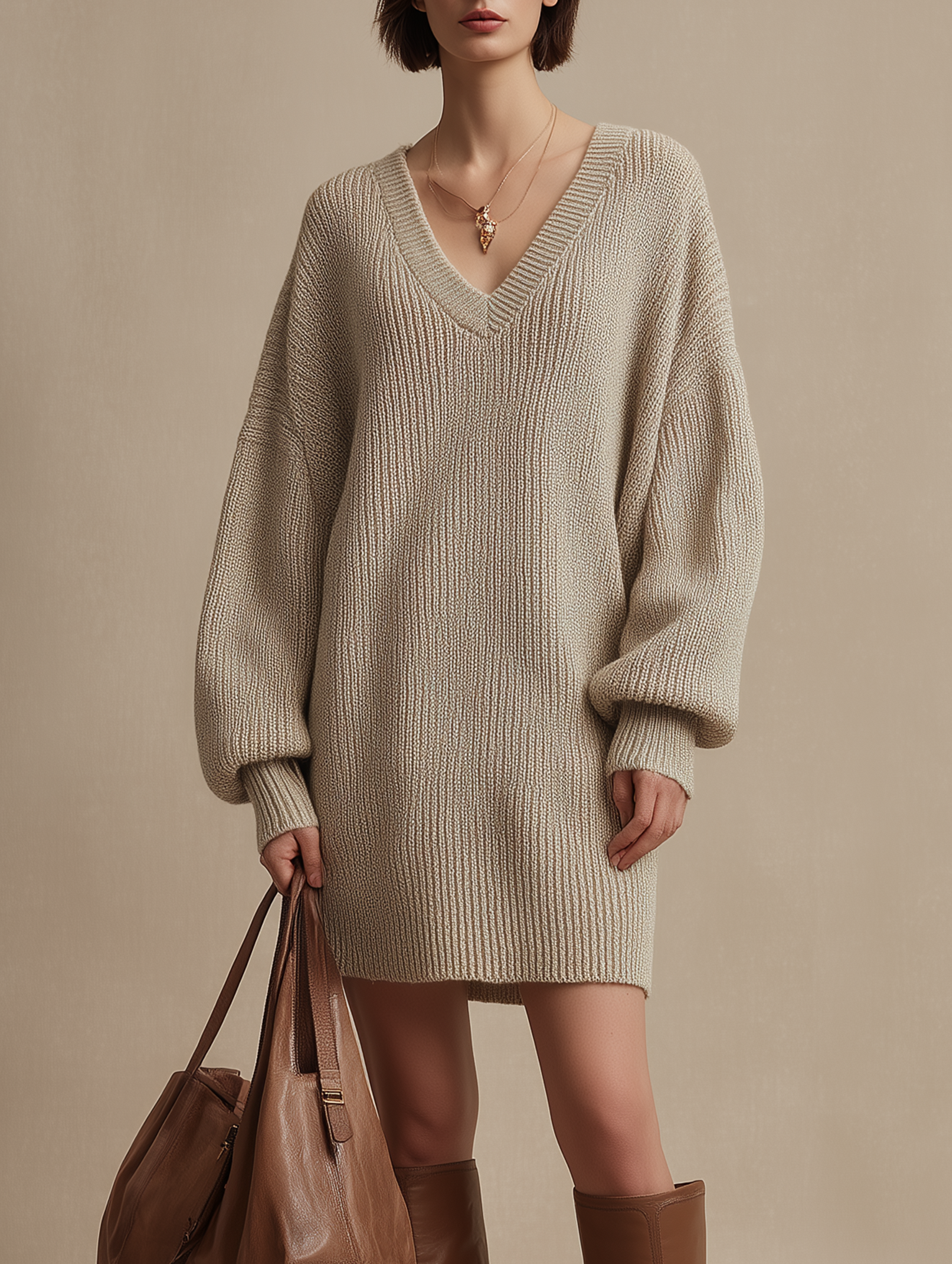 Simple Deep V-neck Loose Knitted Midi Dress