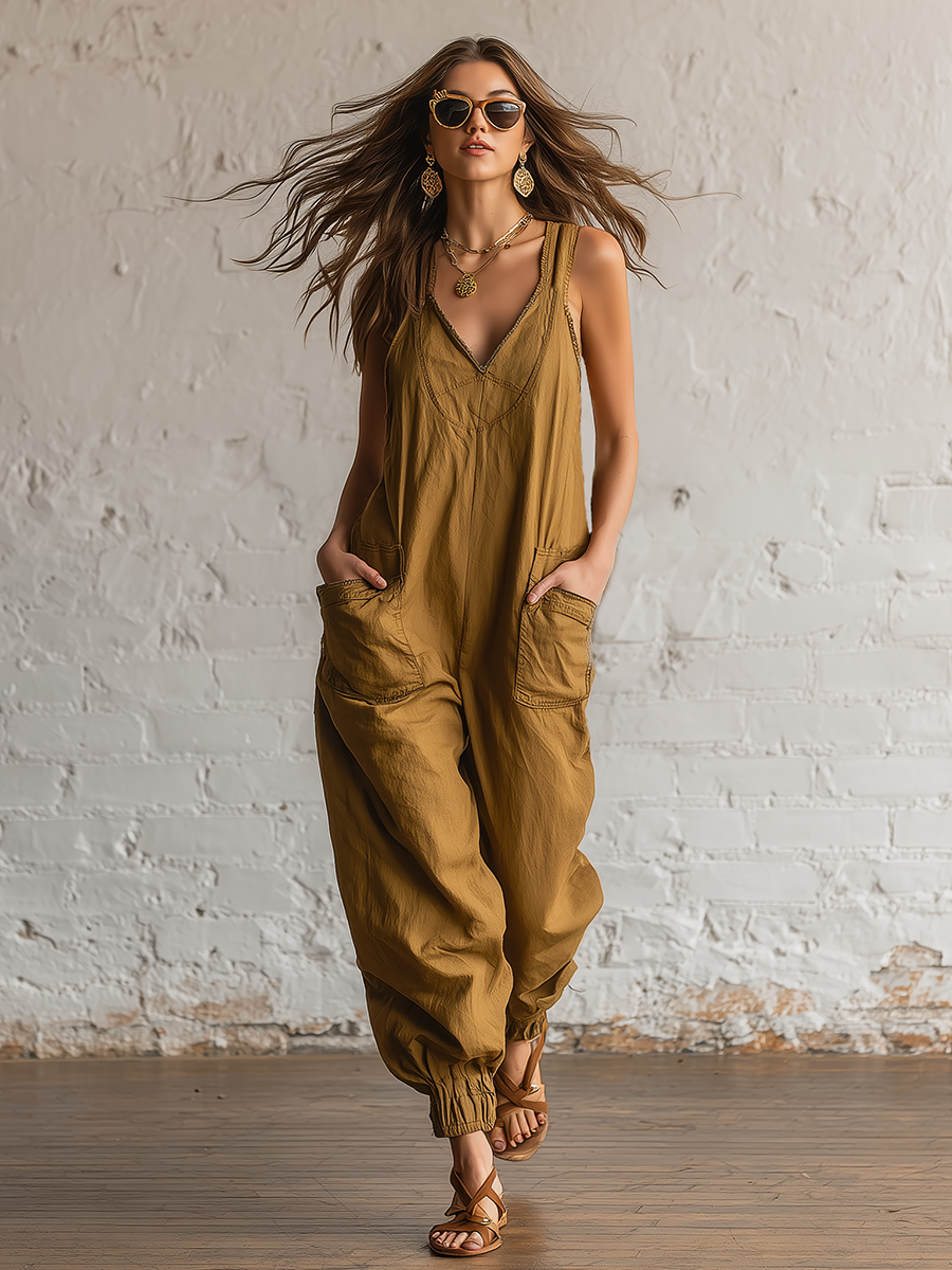 Retro-style Loose-fitting Sleeveless V-neck Pockets Straps Cotton Jumpsuit