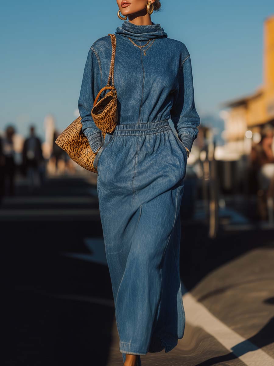 Exquisite Casual Hooded Elastic Waist Blue Washed Denim Straight Maxi Dress
