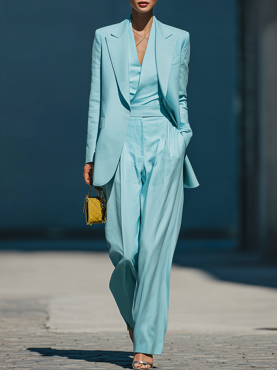Business Casual Solid Color Blazer And Wide-leg Pants Set