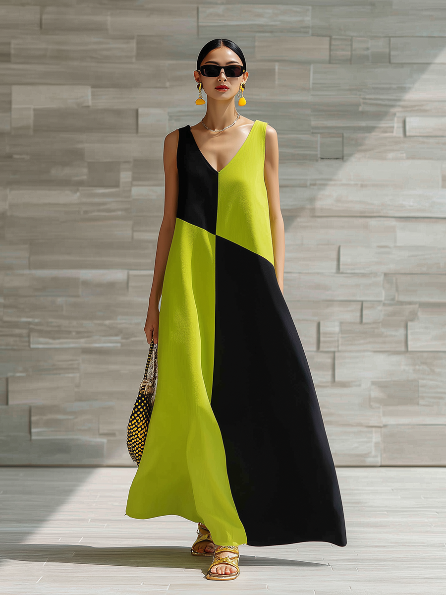 Stylish Simple Loose-fitting Sleeveless V-neck Color-blocked A-line Cotton Maxi Dress
