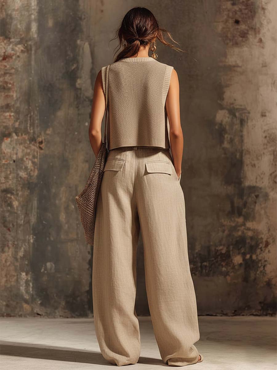 Casual Breathable Urban Style Beige Knitted Top And Cotton Pants Set