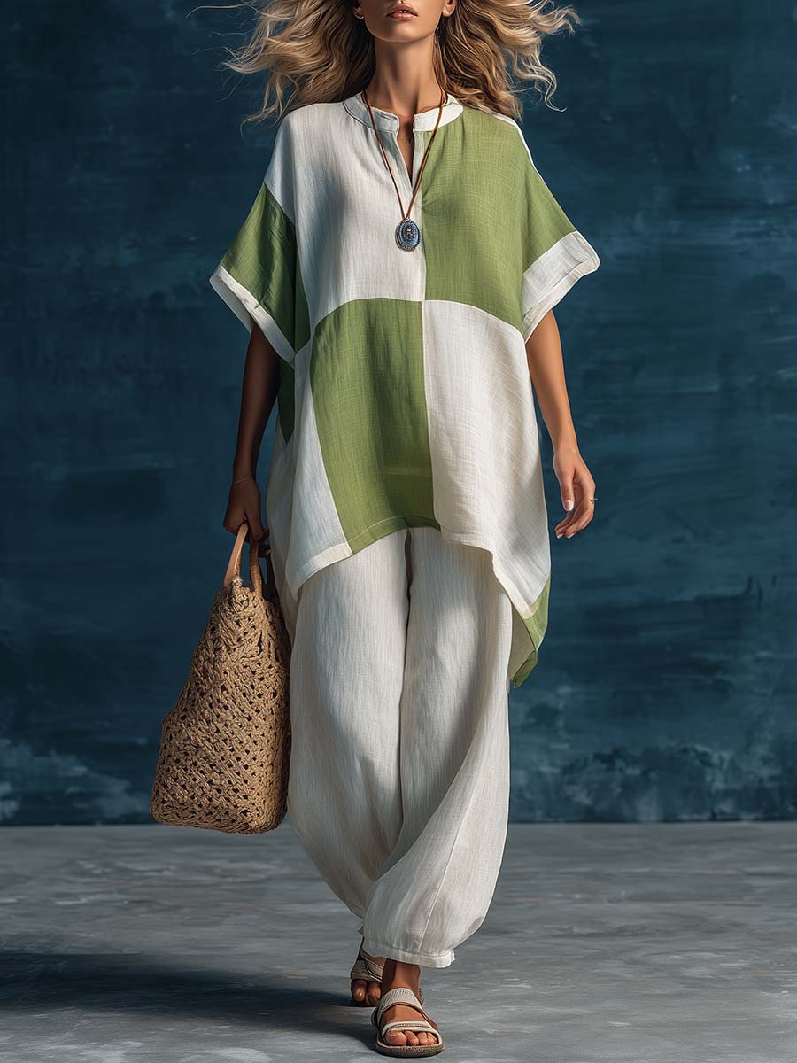 Casual Urban Bohemian Green And White Color-blocked Cotton And Linen Top And Pants Set