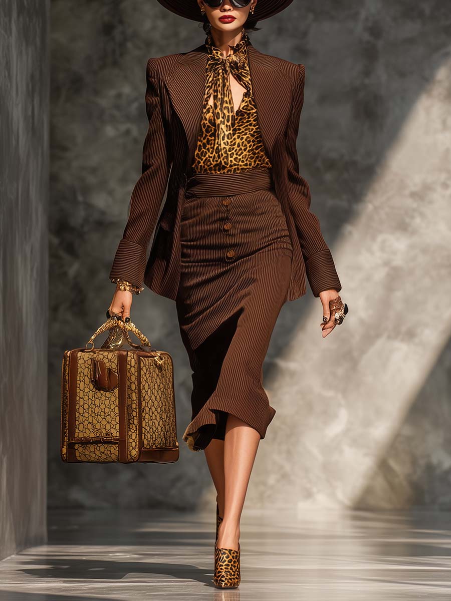 Retro And Stylish Brown Striped Large Lapel Blazer And Skirt Suit