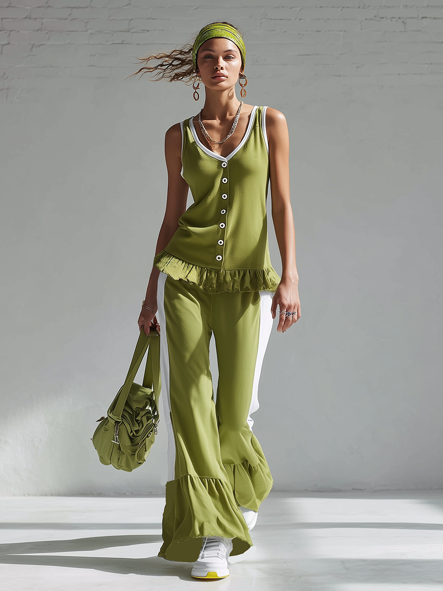 Sporty Style Green And White Knitted Sleeveless Top And Wide Leg Pants Set