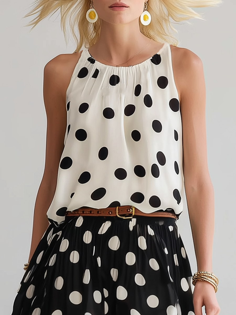 Stylish Black And White Polka Dot Chiffon Sleeveless Top And Skirt Set
