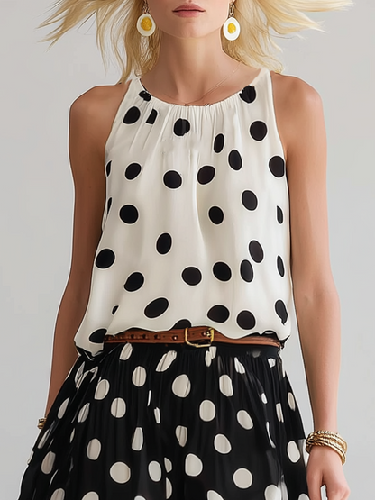 Stylish Black And White Polka Dot Chiffon Sleeveless Top And Skirt Set